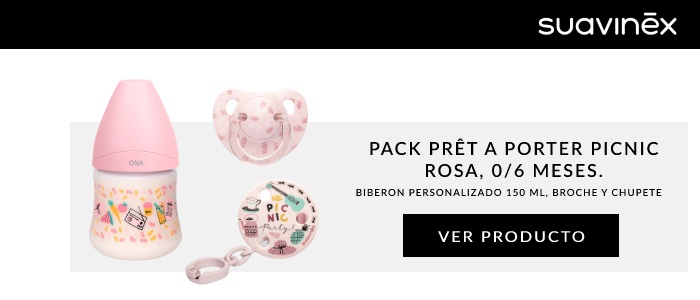 Pack Prêt a Porter Picnic rosa, 0/6 meses. Biberon personalizado 150 ml, broche y chupete