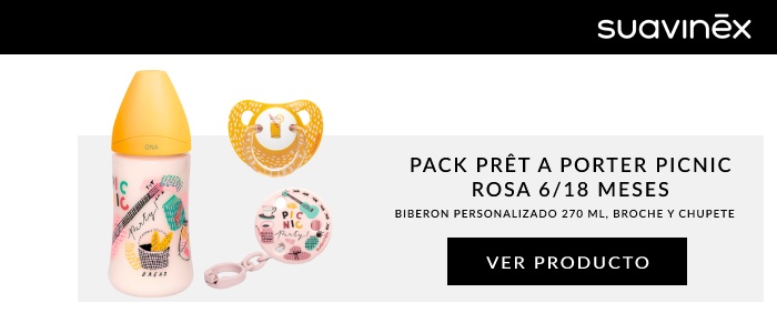 Pack Prêt a Porter Picnic rosa 6/18 meses. Biberon personalizado 270 ml, broche y chupete