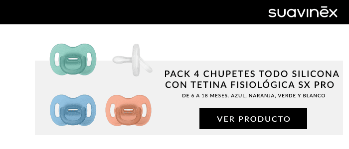 Pack 4 Chupetes Todo Silicona con Tetina Fisiológica SX Pro. De 6 a 18 Meses. Azul, Naranja, Verde y Blanco