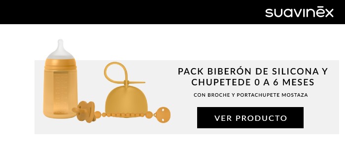 Pack biberón de silicona y chupete de 0 a 6 meses, con broche y portachupete mostaza